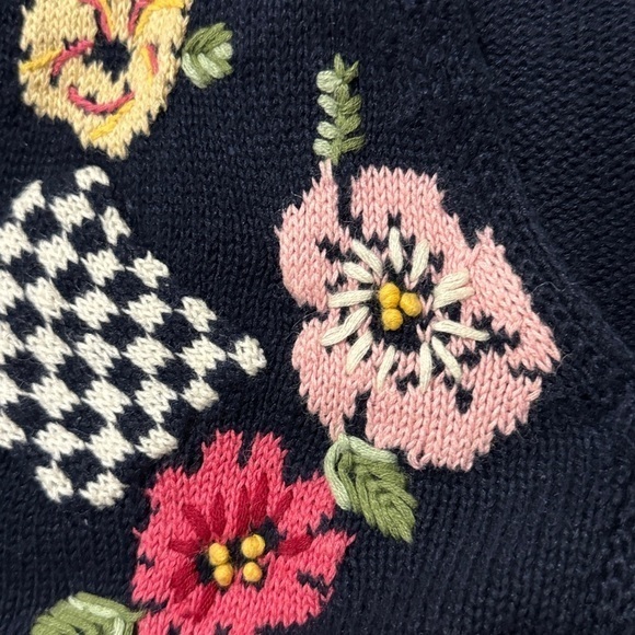 Vintage Floral hand Embroidered Knit Sweater Navy‎ V-Neck Cottagecore 3-D - Picture 8 of 11